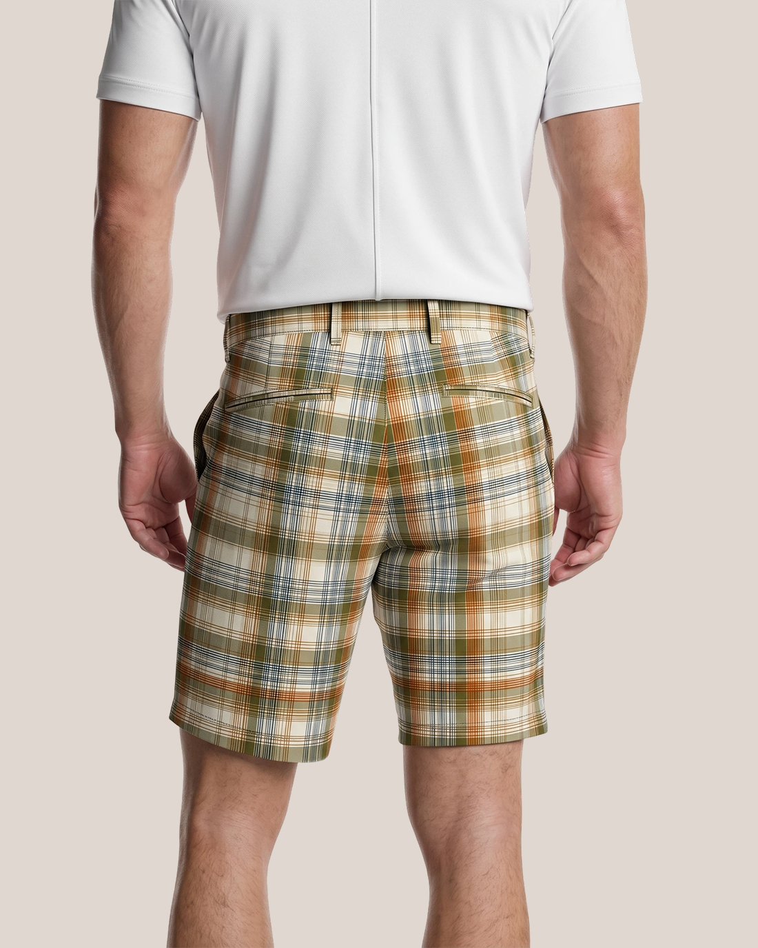 Men's Cream Base Olive Orange Navy Plaid Classic Straight Fit Preppy Retro Casual Shorts