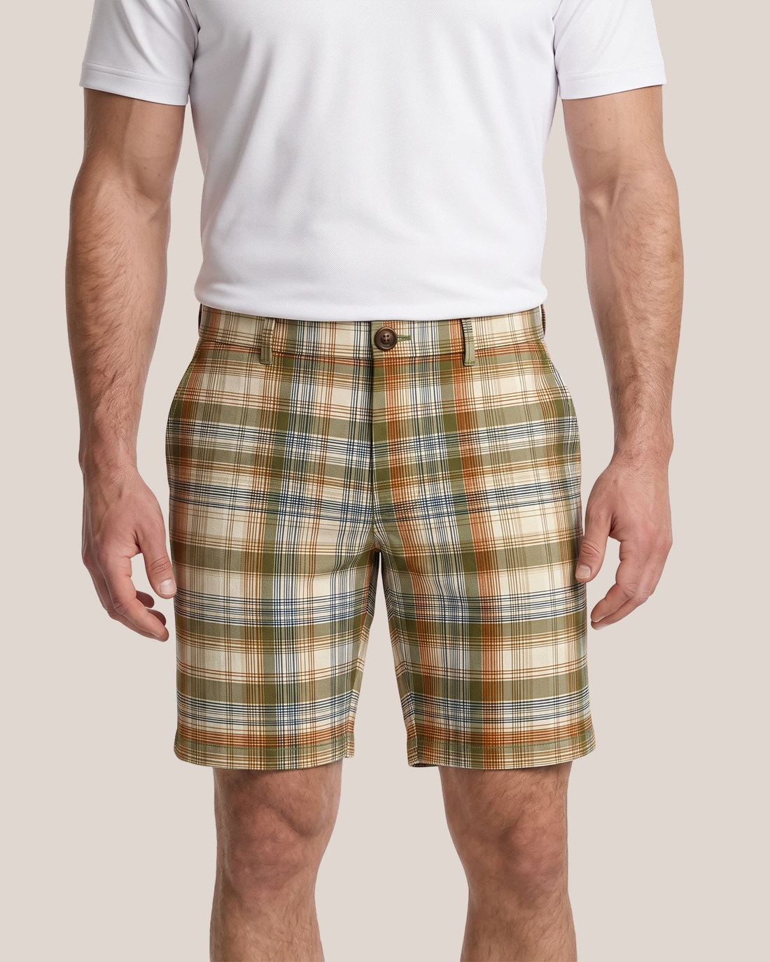 Men's Cream Base Olive Orange Navy Plaid Classic Straight Fit Preppy Retro Casual Shorts