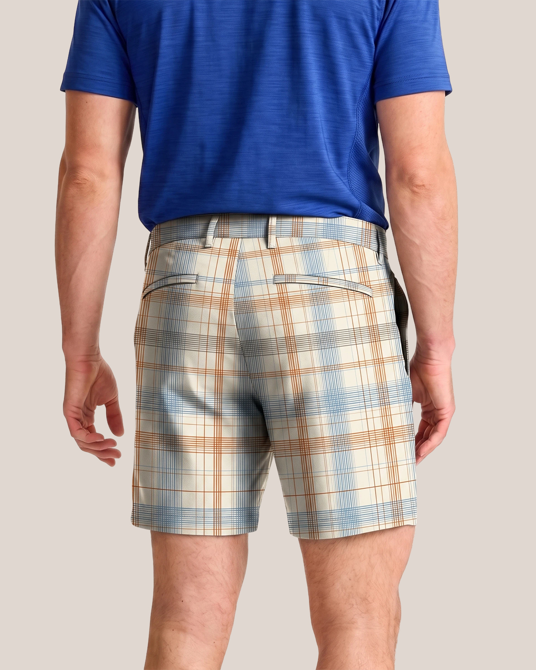 Men's Cream Base Blue Rust Plaid Regular Fit Retro Preppy Casual Shorts