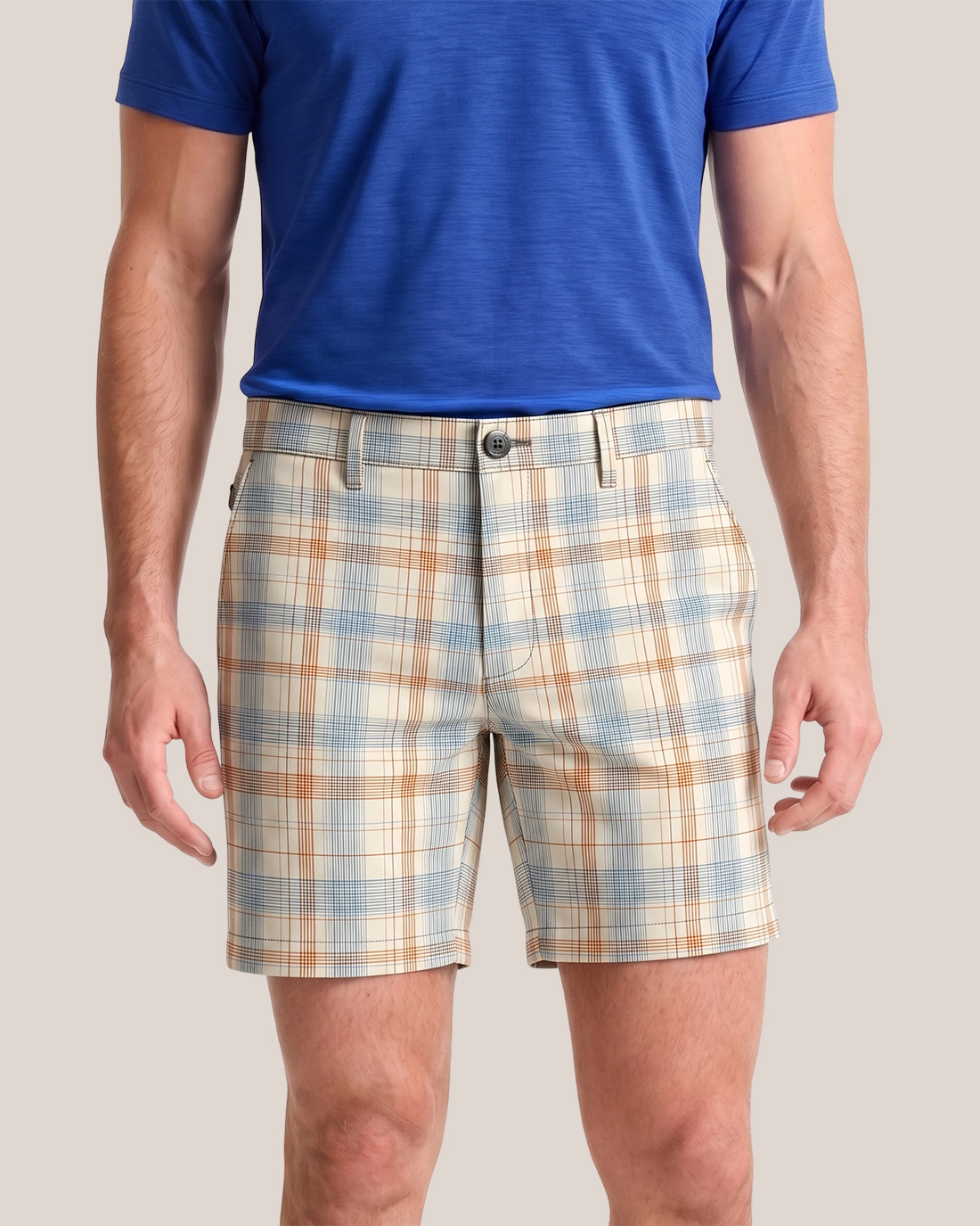 Men's Cream Base Blue Rust Plaid Regular Fit Retro Preppy Casual Shorts
