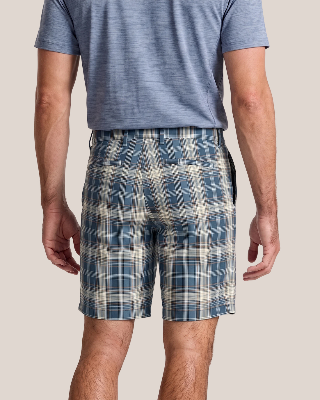 Men's Navy Blue Base Beige Brown Plaid Classic Straight Fit Preppy Golf Casual Shorts