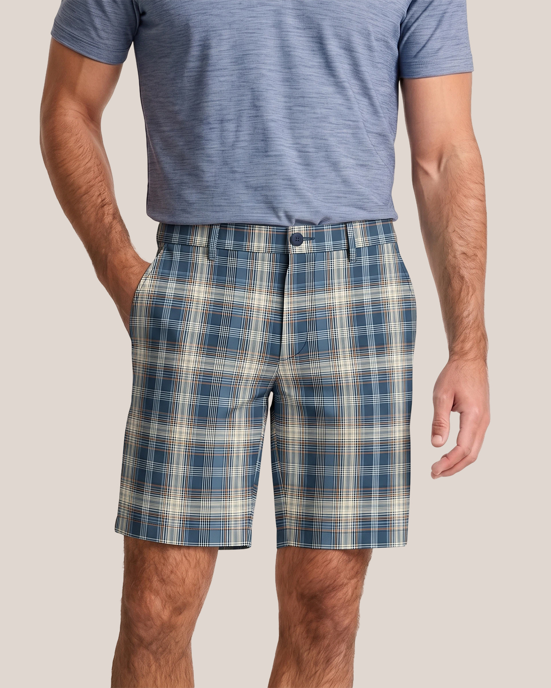 Men's Navy Blue Base Beige Brown Plaid Classic Straight Fit Preppy Golf Casual Shorts