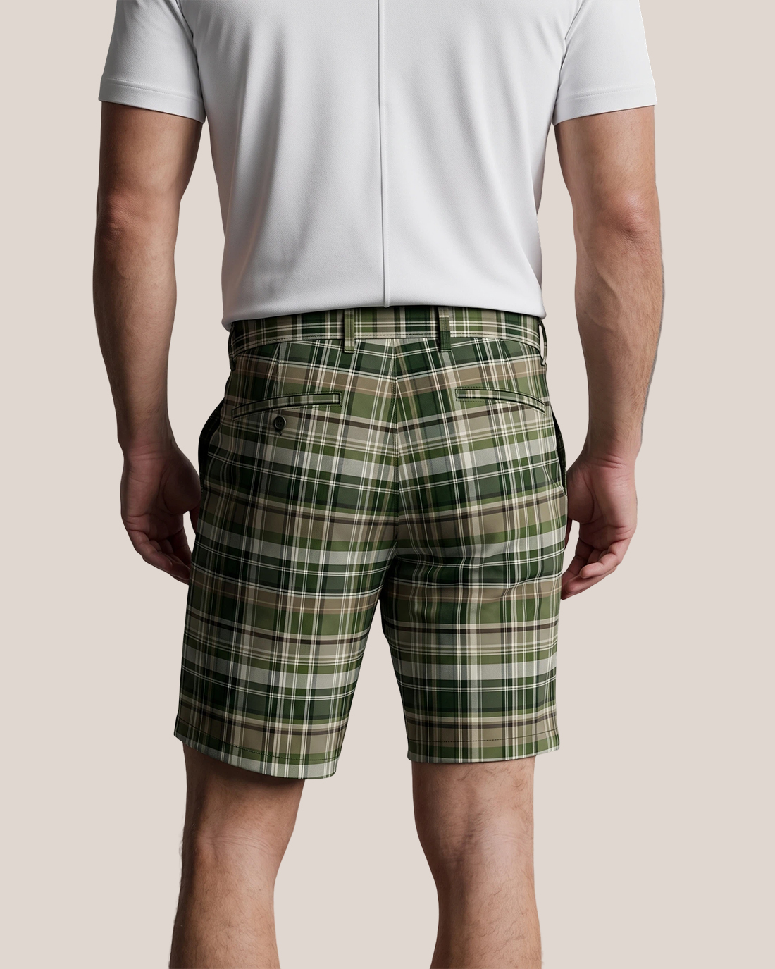 Men's Olive Green Beige White Plaid Classic Straight Fit Retro Preppy Casual Shorts