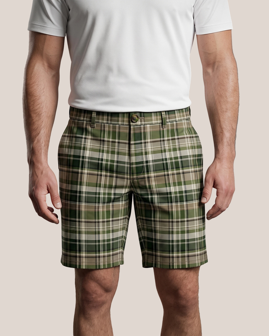 Men's Olive Green Beige White Plaid Classic Straight Fit Retro Preppy Casual Shorts