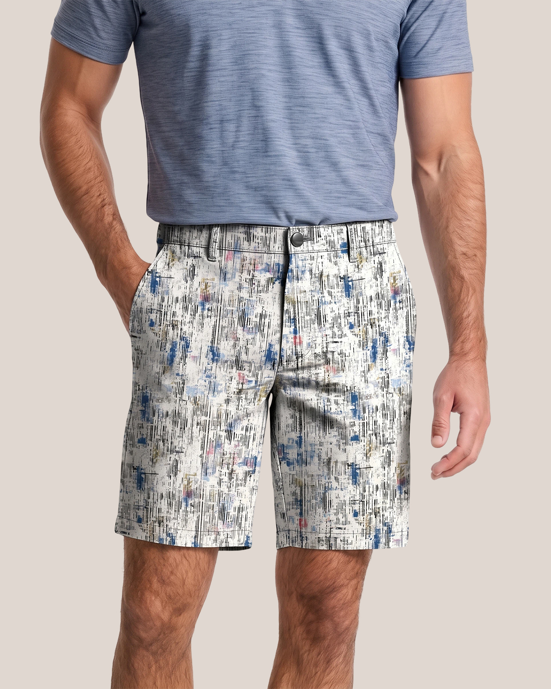 Men's Beige Base Multicolor Abstract Broken-line Regular Fit Art Casual Shorts