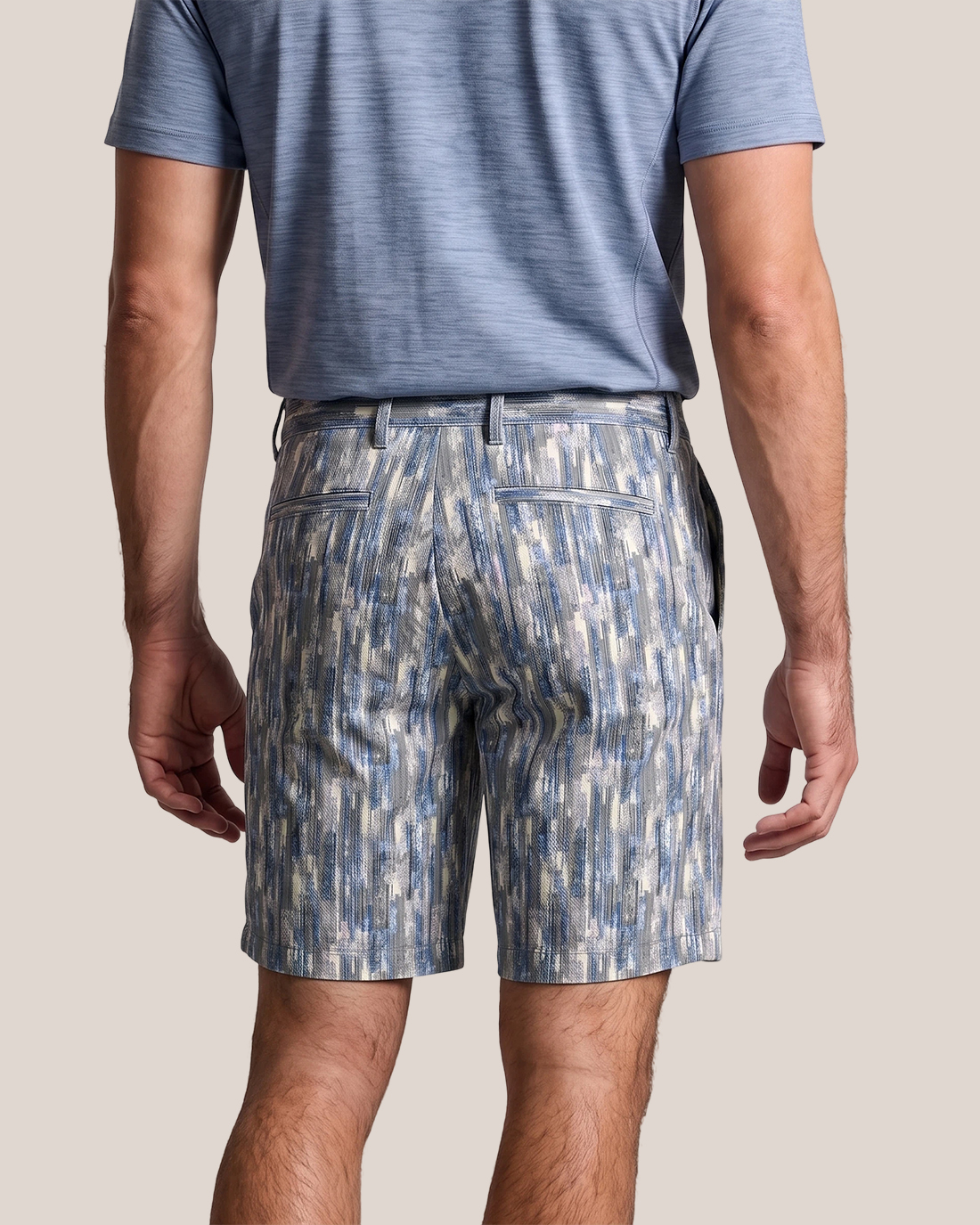 Men's Blue Grey White Abstract Vertical Stripes Classic Straight Fit Artistic Casual Golf Shorts