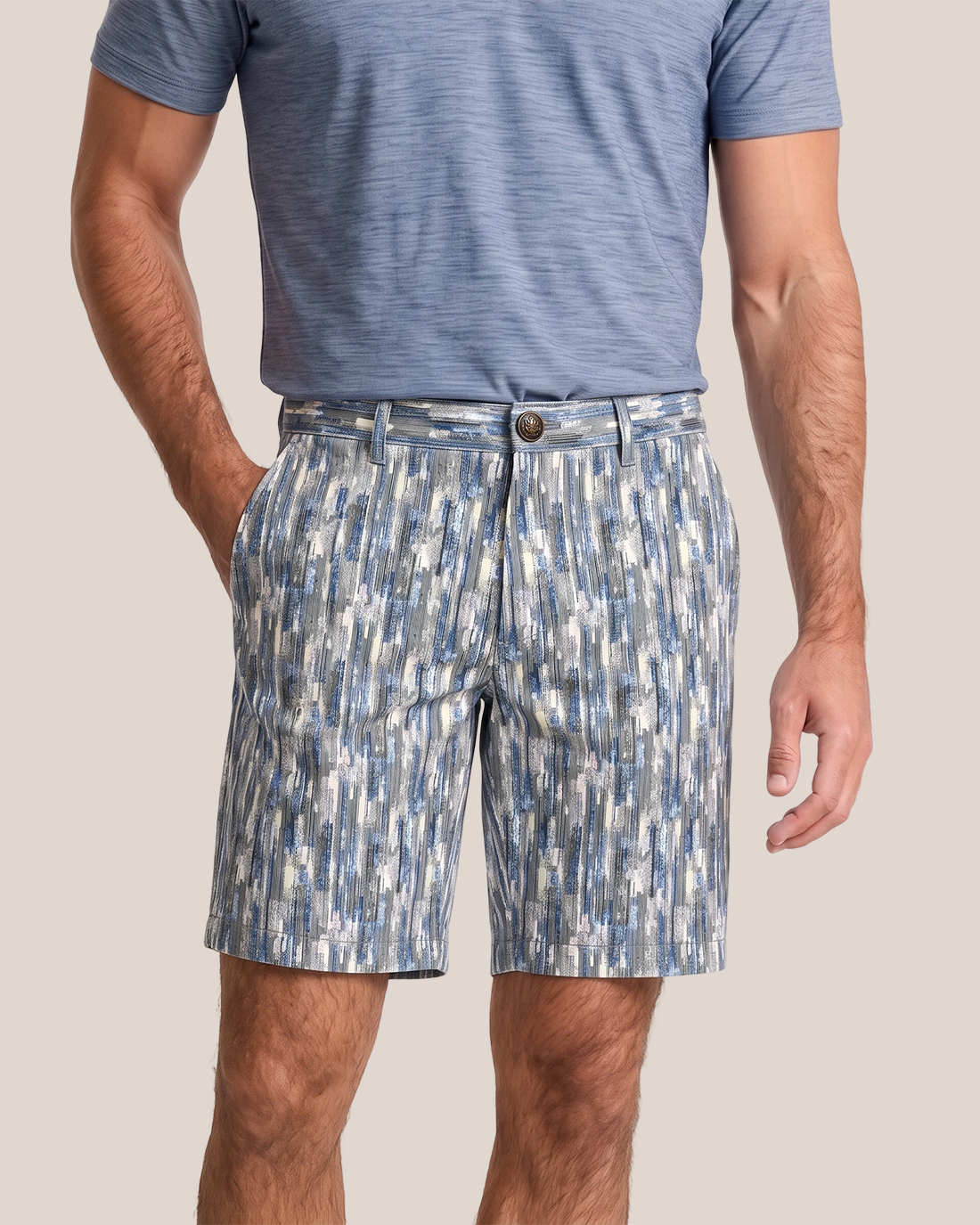 Men's Blue Grey White Abstract Vertical Stripes Classic Straight Fit Artistic Casual Golf Shorts