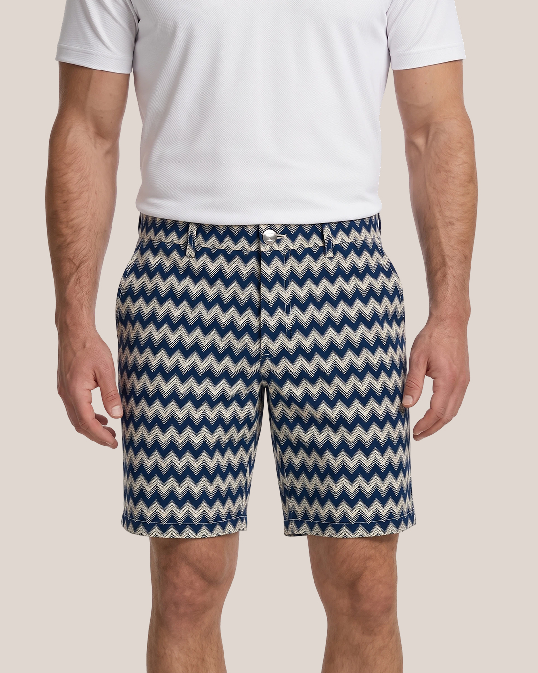 Men's Navy Beige Chevron Print Regular Straight Fit Preppy Vacation Casual Shorts