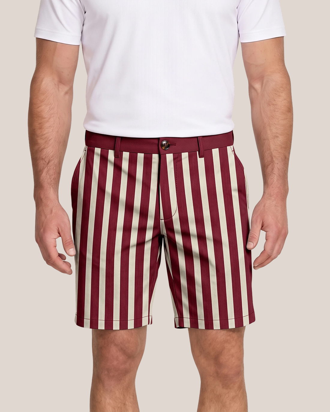 Men's Wine Red Beige Vertical Stripes Classic Straight Fit Retro Preppy Casual Shorts
