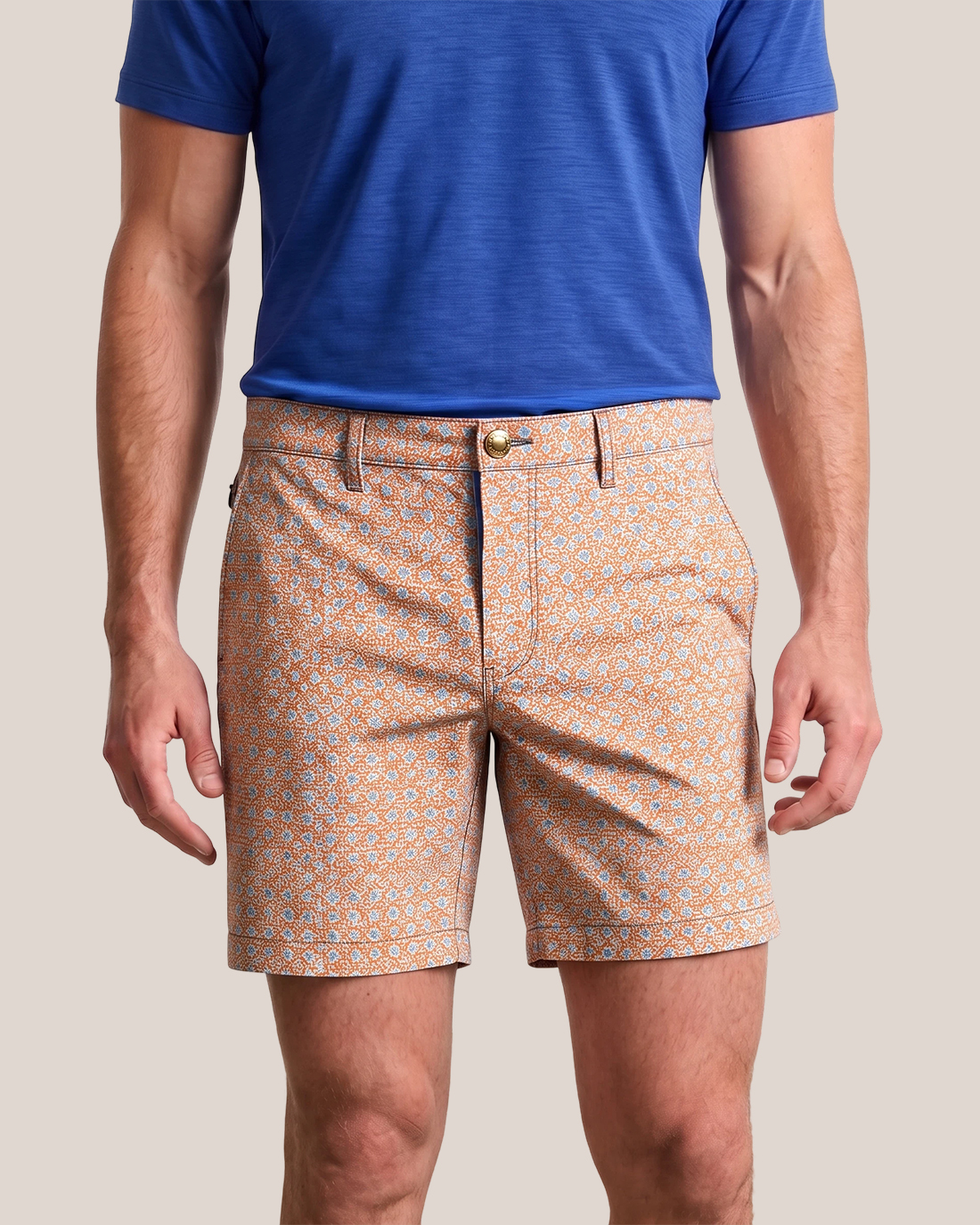 Men's Orange Base Light Blue Ditsy Floral Regular Straight Fit Vacation Casual Golf Shorts