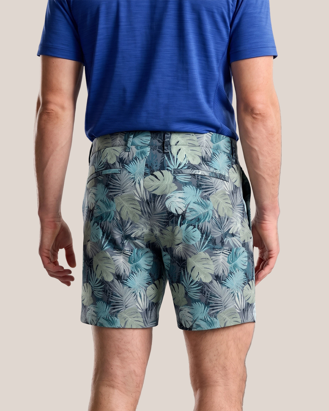 Men's Dark Cyan Base Tropical Palm Leaf Print Relaxed Straight Fit Vacation Casual Shorts