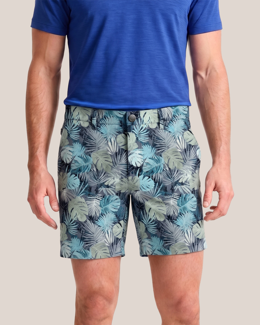 Men's Dark Cyan Base Tropical Palm Leaf Print Relaxed Straight Fit Vacation Casual Shorts