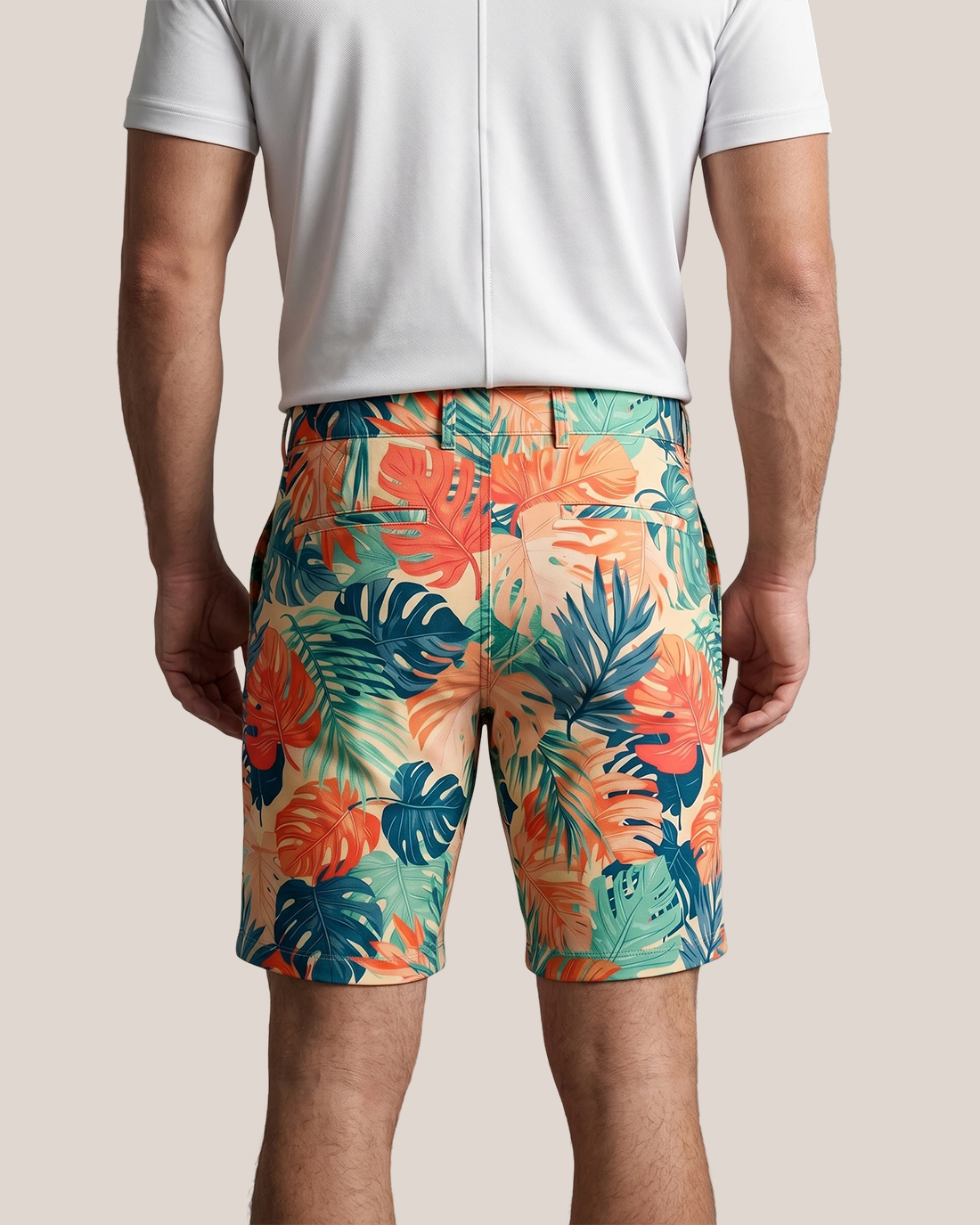 Men's Cream Base Multicolor Tropical Leaf Regular Fit Hawaiian Vacation Casual Shorts