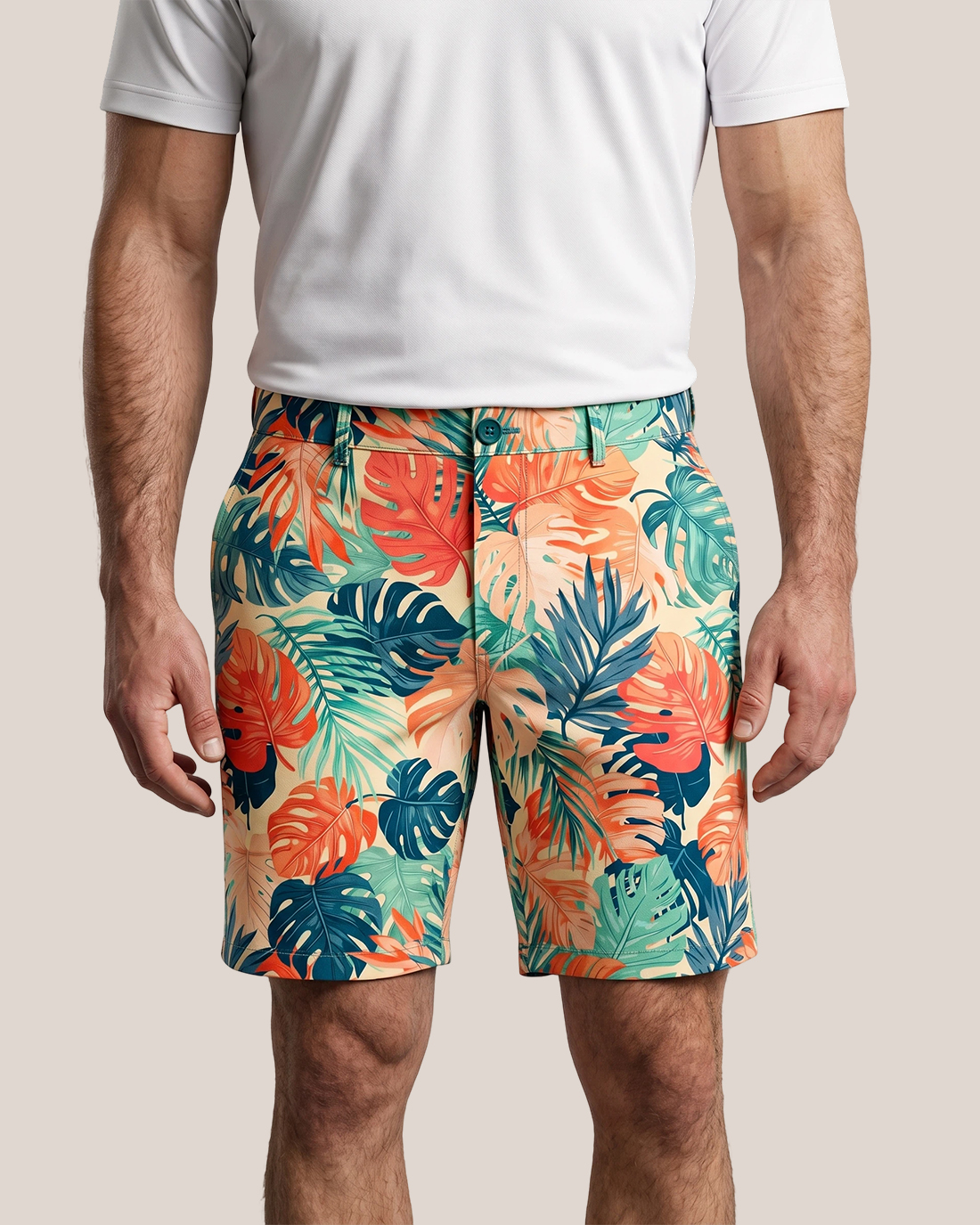 Men's Cream Base Multicolor Tropical Leaf Regular Fit Hawaiian Vacation Casual Shorts
