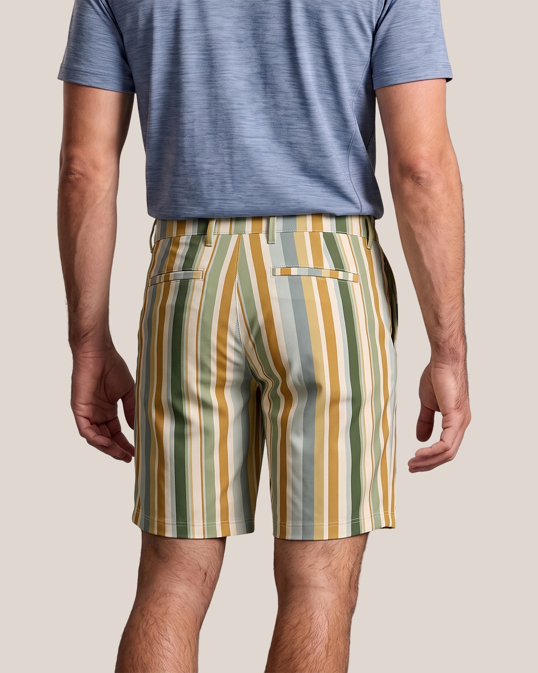 Men's Cream Base Green Ochre Vertical Stripes Relaxed Straight Fit Retro Vacation Casual Shorts