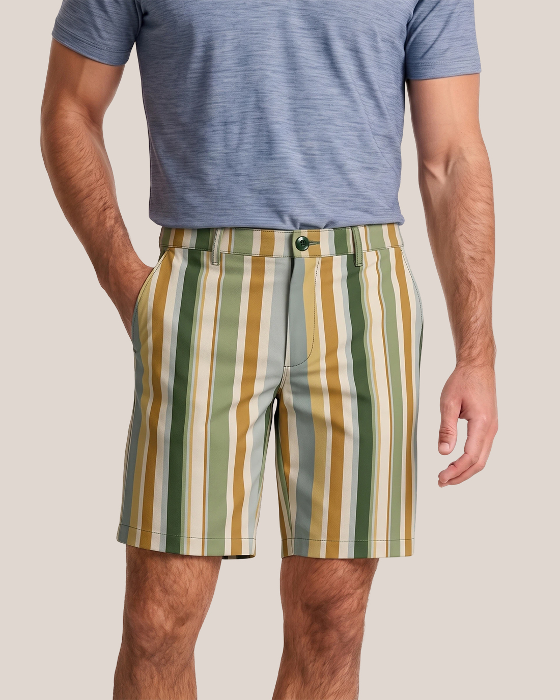 Men's Cream Base Green Ochre Vertical Stripes Relaxed Straight Fit Retro Vacation Casual Shorts