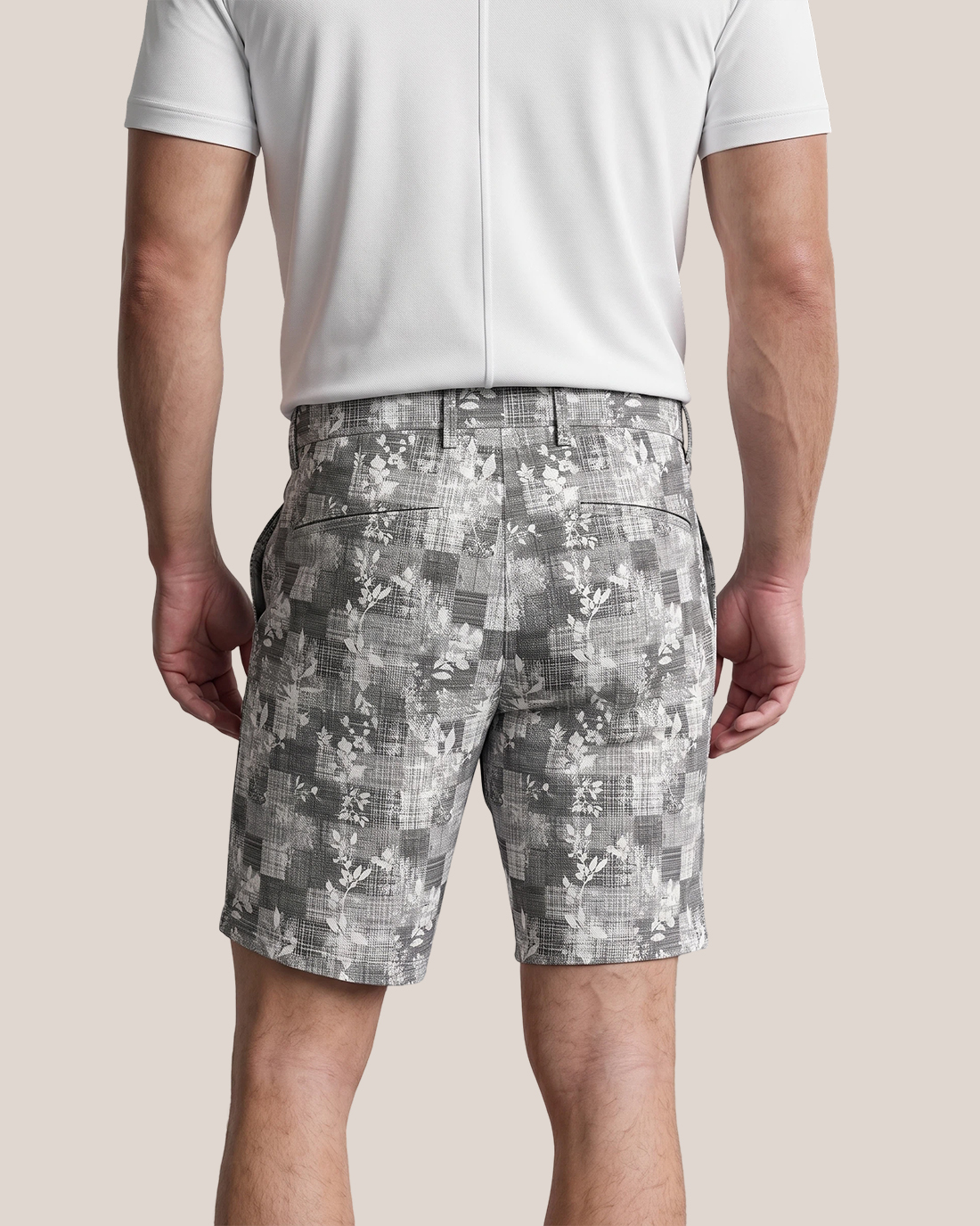 Men's Grey Base White Floral Plaid Classic Straight Fit Retro Casual Daily Shorts