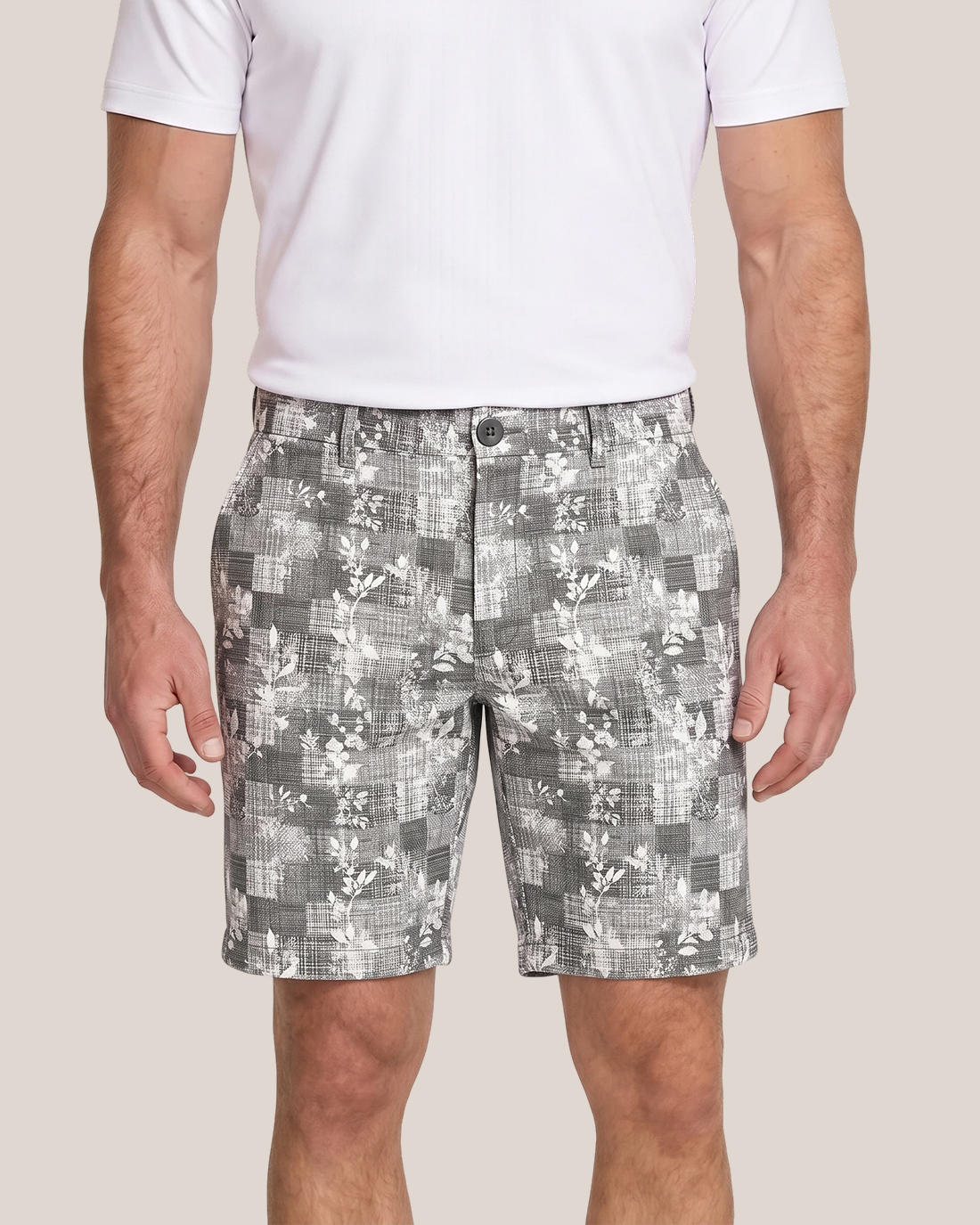 Men's Grey Base White Floral Plaid Classic Straight Fit Retro Casual Daily Shorts