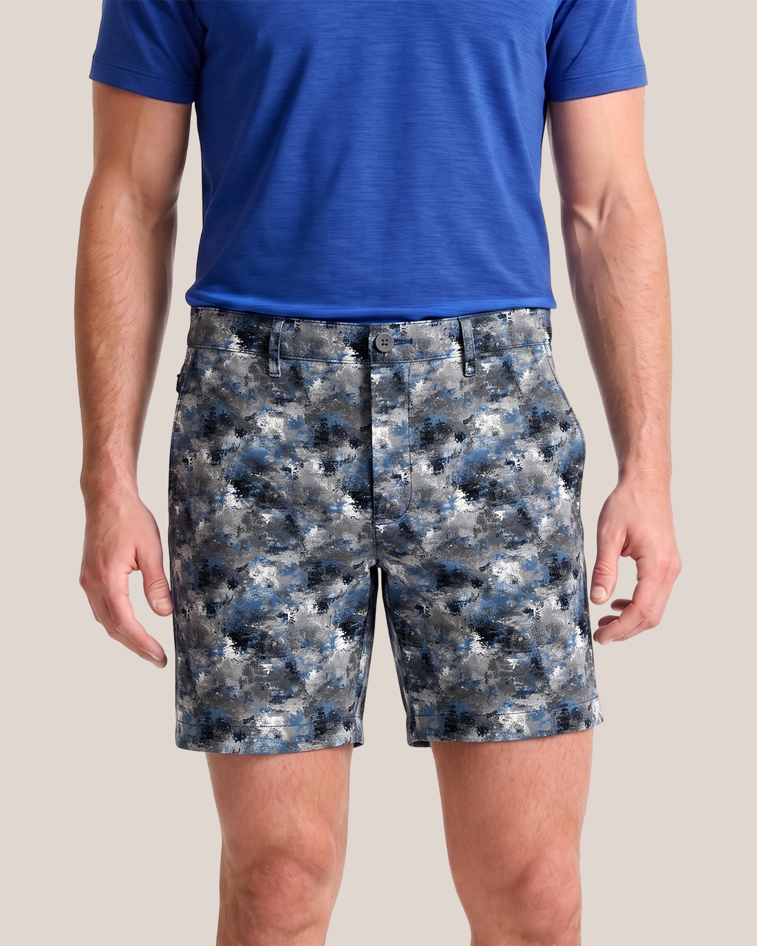 Men's Blue Gray White Abstract Camouflage Regular Straight Fit Artistic Casual Shorts