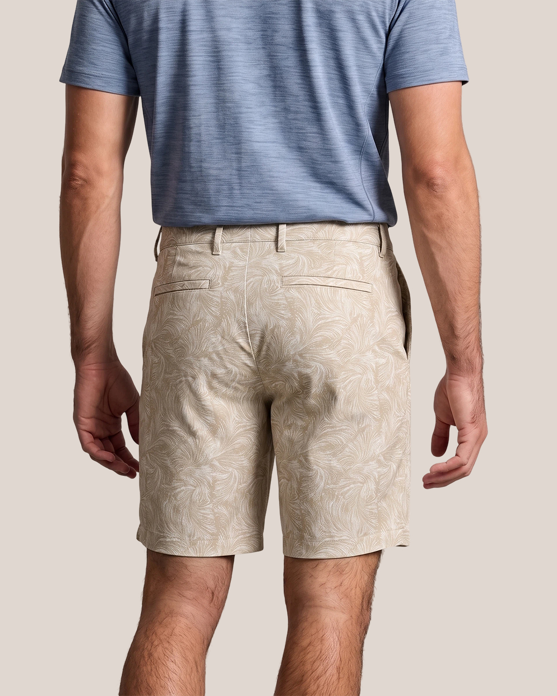 Men's Khaki Base Subtle Feather Print Classic Straight Fit Vacation Smart Casual Shorts