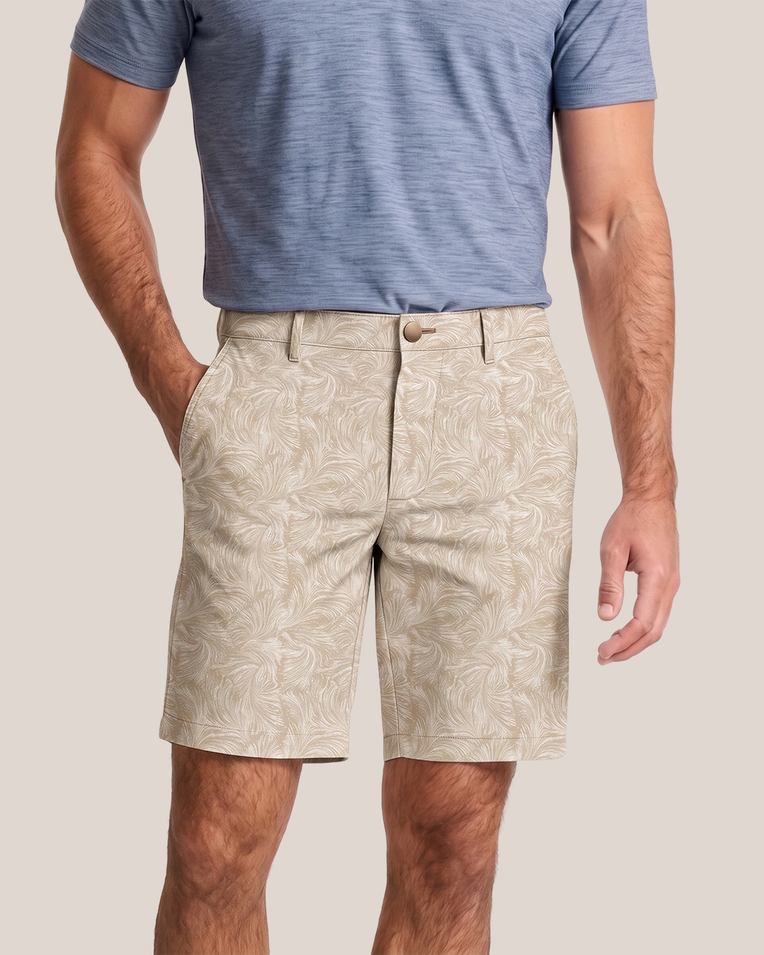 Men's Khaki Base Subtle Feather Print Classic Straight Fit Vacation Smart Casual Shorts