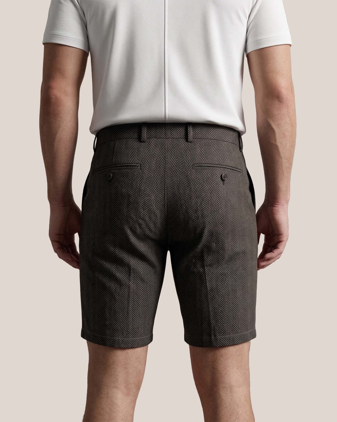 Men's Dark Brown Herringbone Textured Classic Straight Fit Old Money Smart Casual Shorts