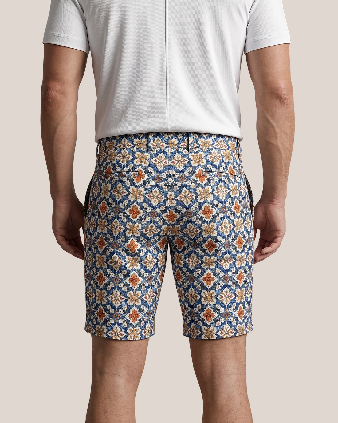 Men's Blue Base Orange White Moroccan Tile Print Classic Straight Fit Retro Vacation Casual Shorts