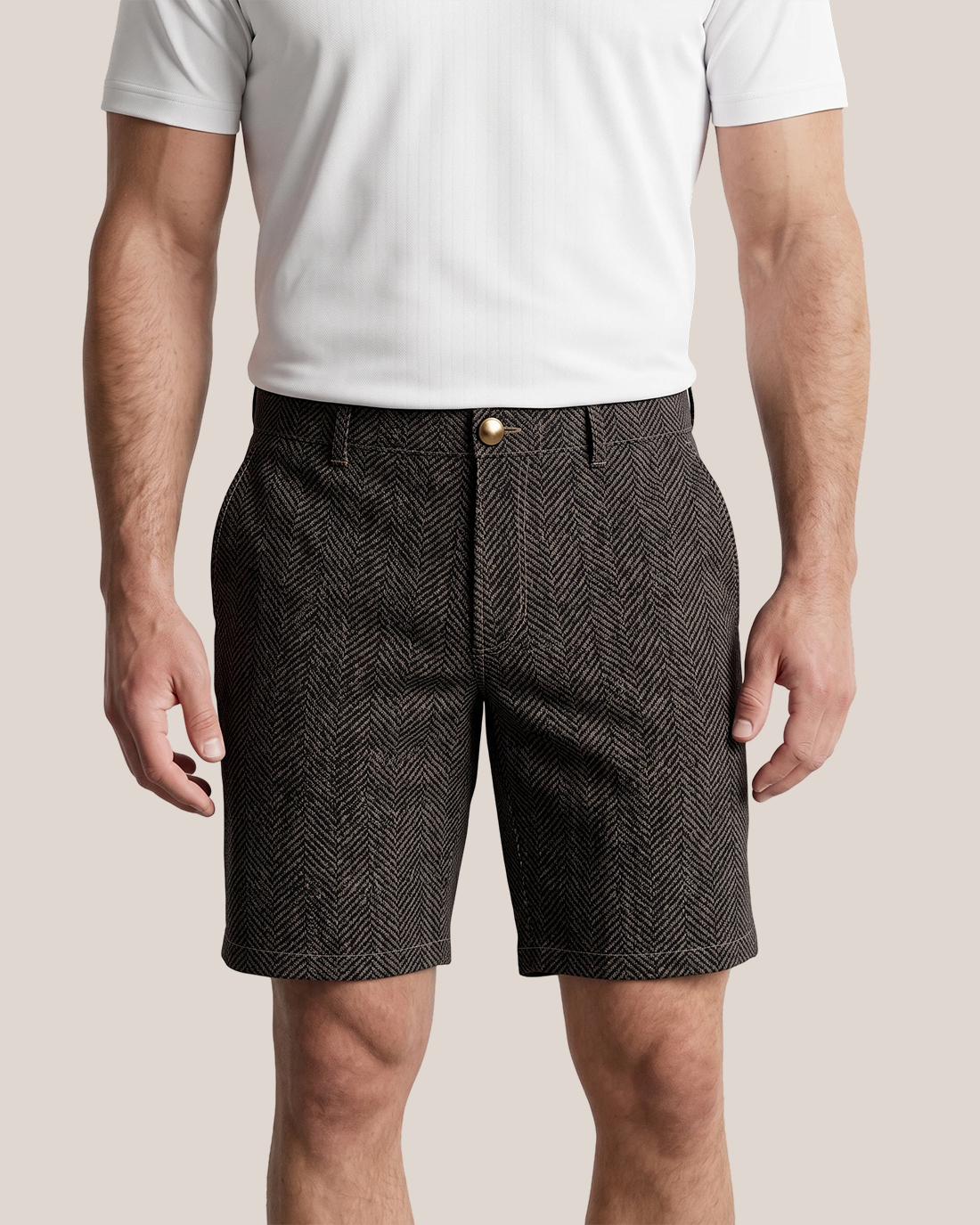 Men's Dark Brown Herringbone Textured Classic Straight Fit Old Money Smart Casual Shorts