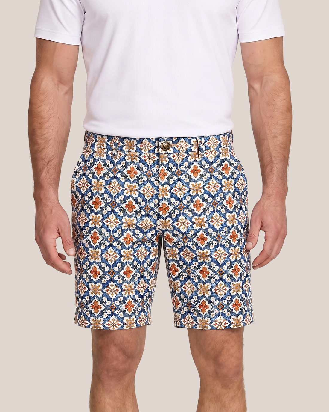 Men's Blue Base Orange White Moroccan Tile Print Classic Straight Fit Retro Vacation Casual Shorts