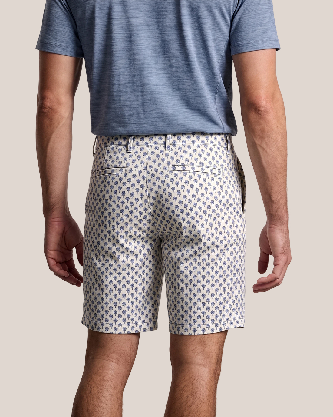 Men's Beige Base Blue Palm Tree Print Regular Straight Fit Tropical Vacation Casual Shorts