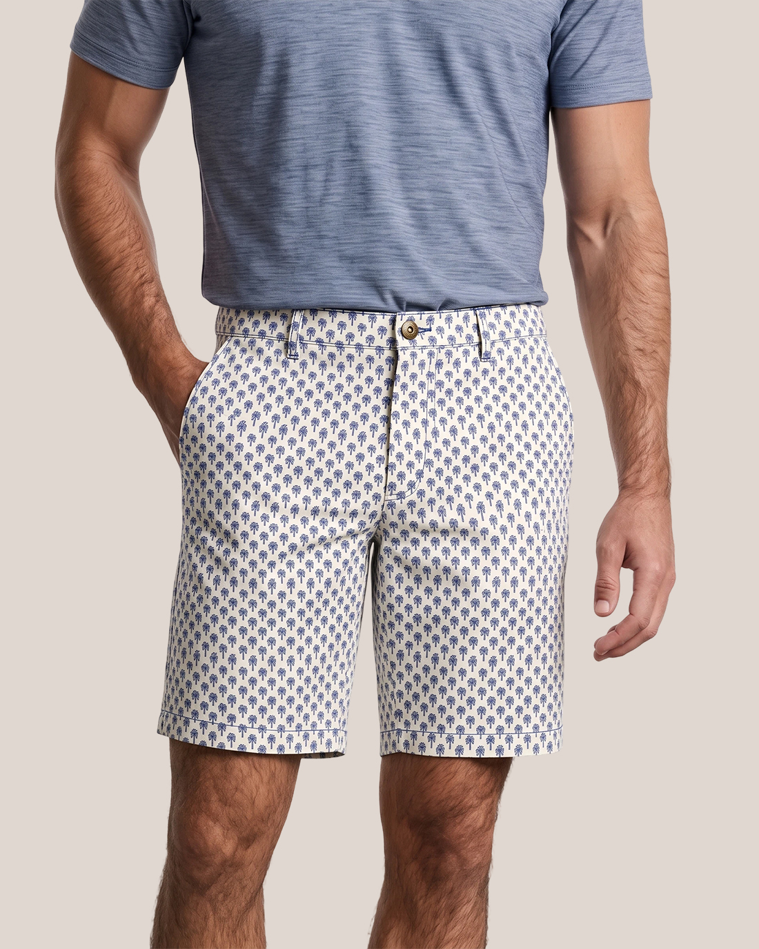 Men's Beige Base Blue Palm Tree Print Regular Straight Fit Tropical Vacation Casual Shorts