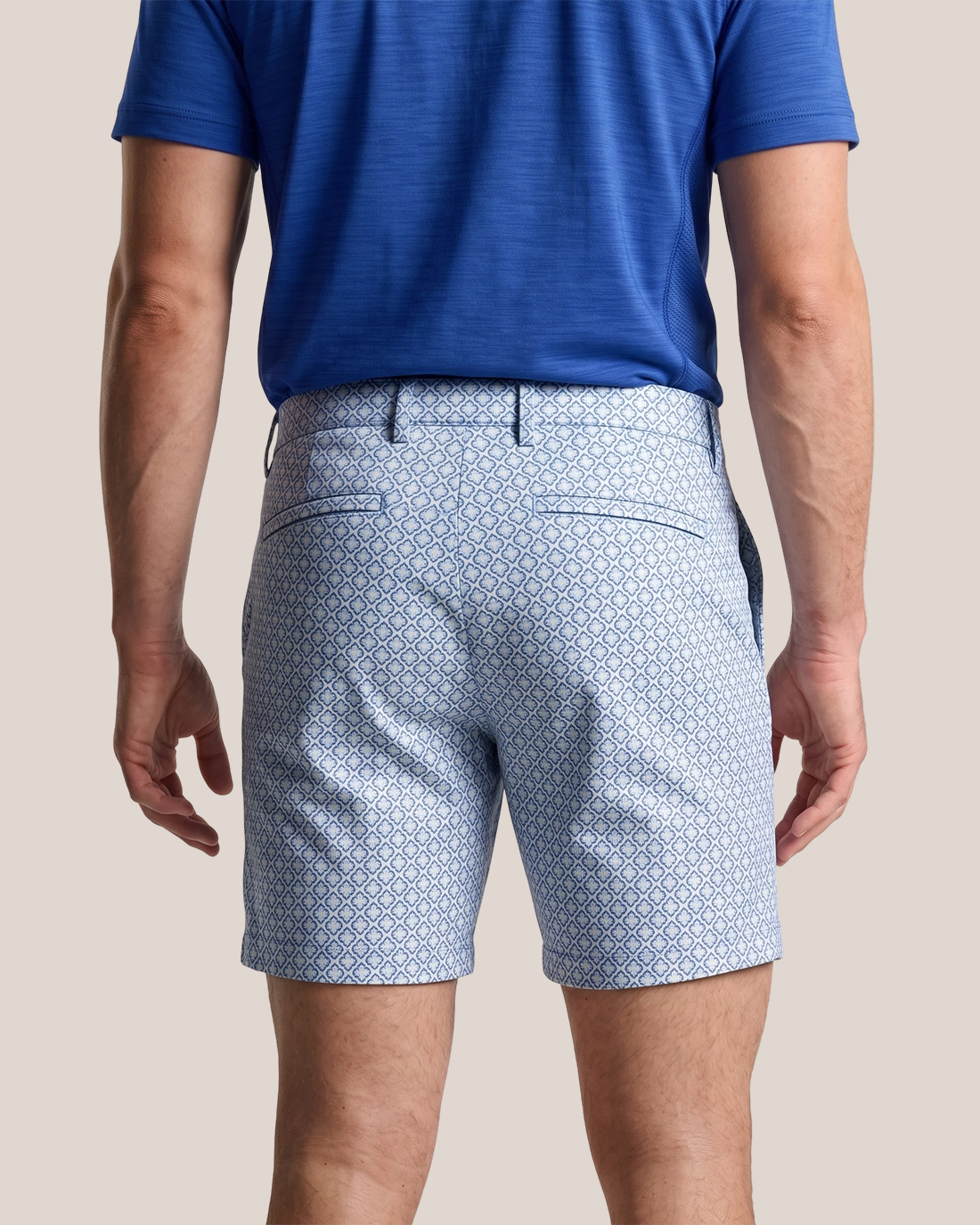 Men's White Base Blue Geometric Lattice Regular Straight Fit Preppy Golf Casual Shorts