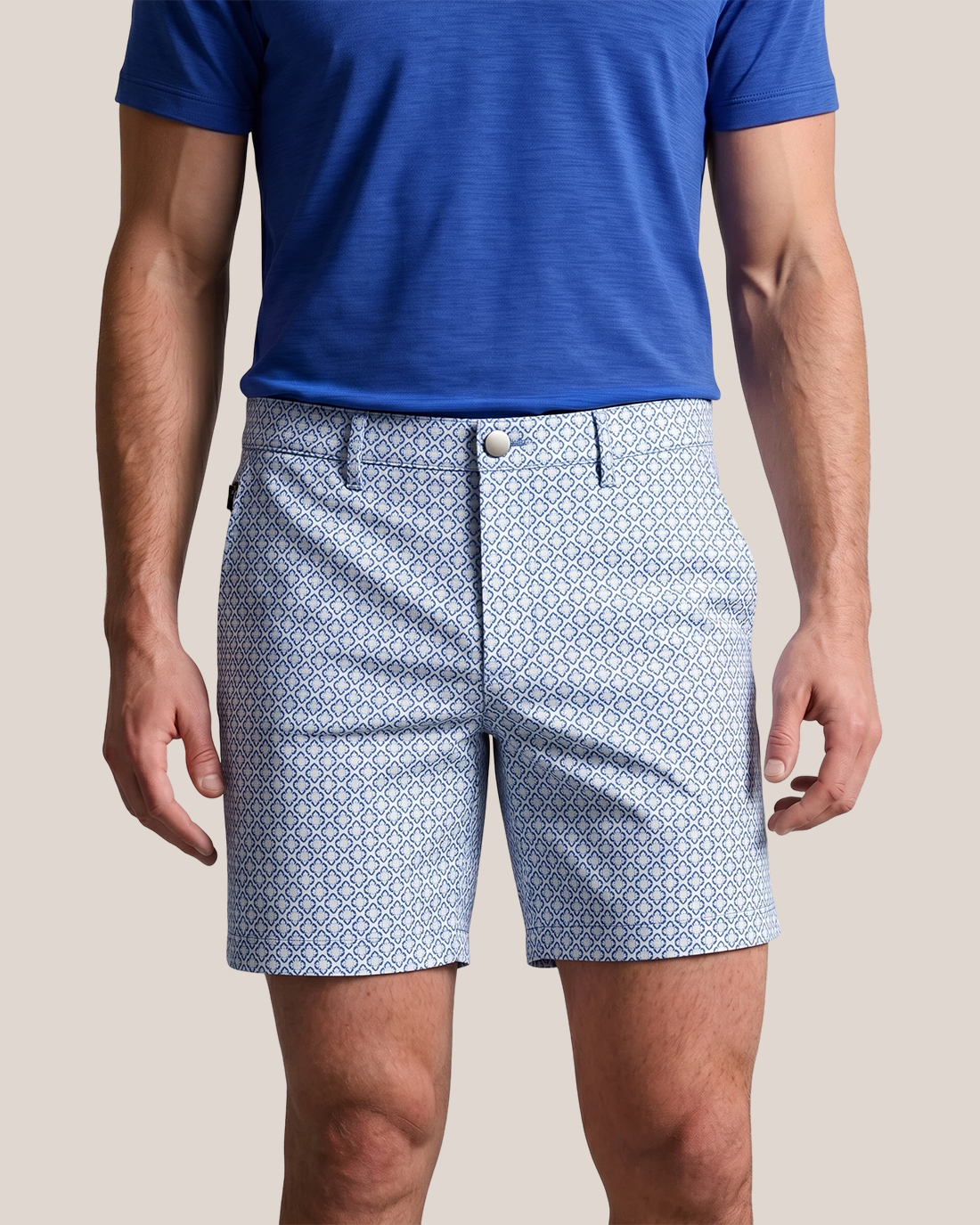 Men's White Base Blue Geometric Lattice Regular Straight Fit Preppy Golf Casual Shorts