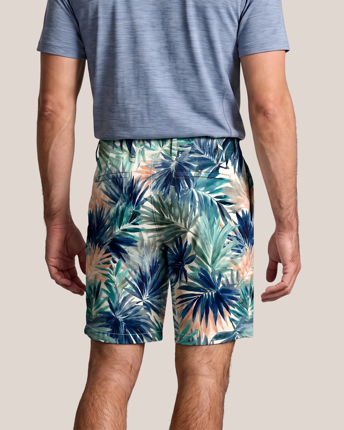 Men's Berge Base Blue Green Peach Palm Leaf Classic Straight Fit Tropical Vacation Casual Shorts