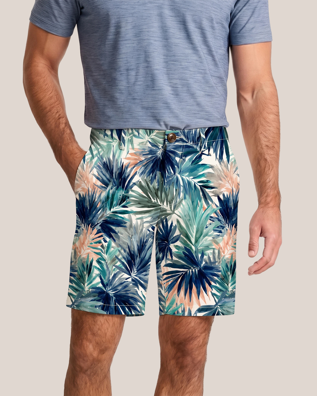 Men's Berge Base Blue Green Peach Palm Leaf Classic Straight Fit Tropical Vacation Casual Shorts