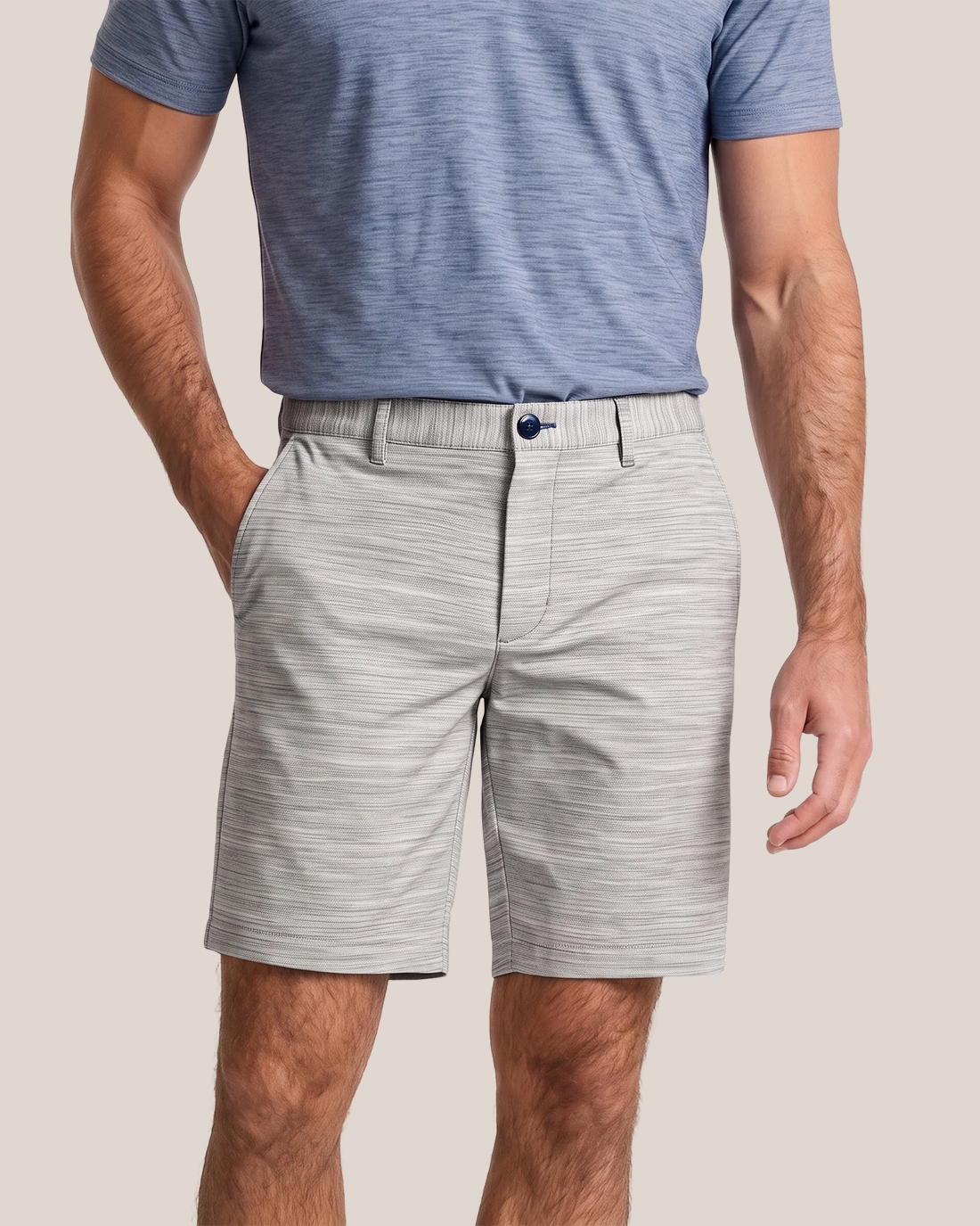 Men's Light Gray Base Heather Fine Horizontal Stripes Classic Straight Fit Golf Smart Casual Shorts