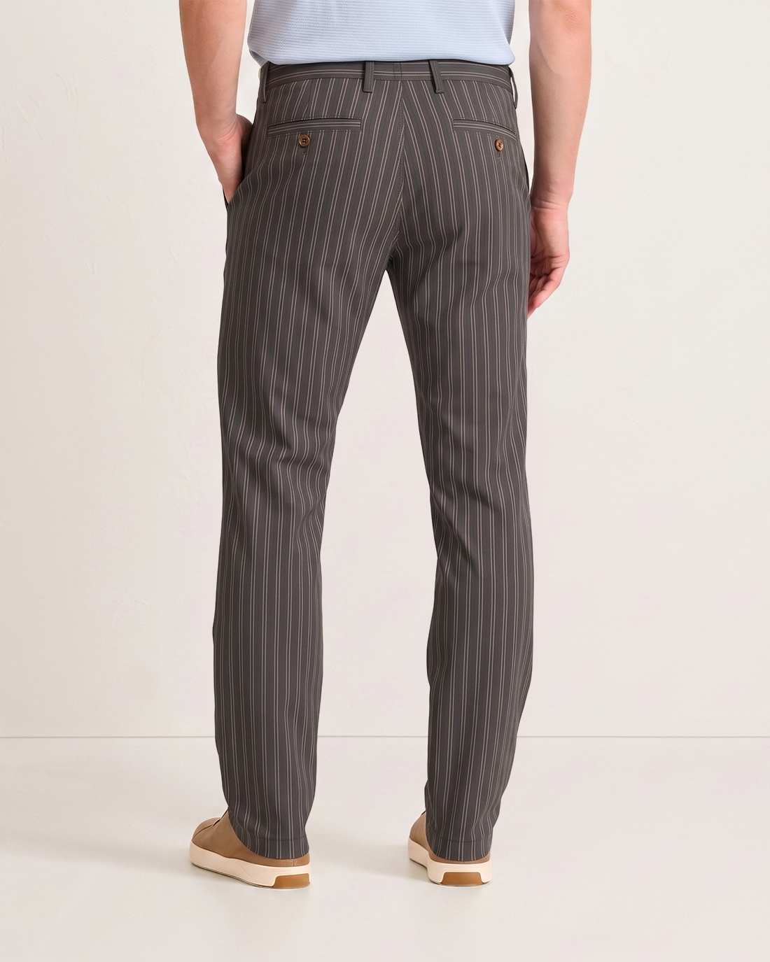Men's Dark Grey Base Khaki Thin Pinstripes Classic Straight Fit Business Casual Trousers