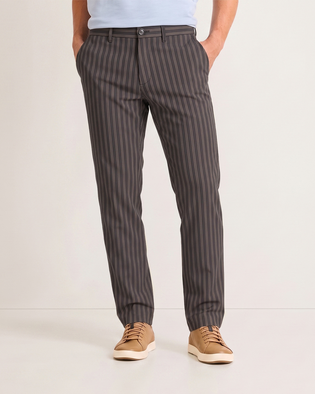 Men's Dark Grey Base Khaki Thin Pinstripes Classic Straight Fit Business Casual Trousers