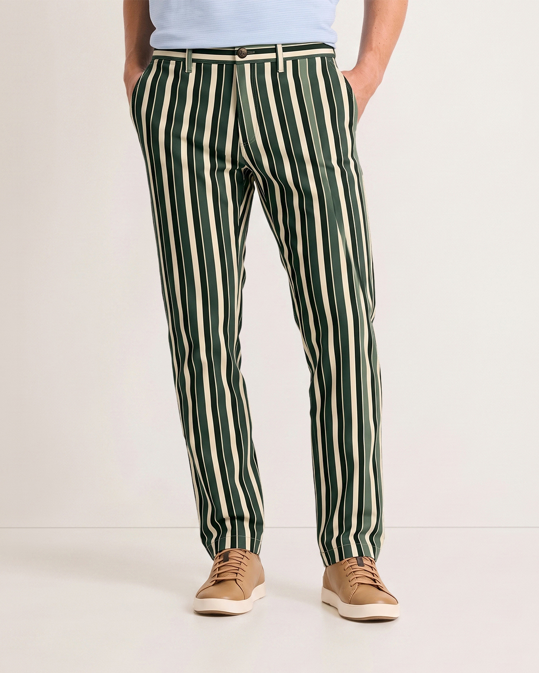 Men's Dark Green Beige Vertical Stripes Relaxed Straight Fit Retro Resort Smart Casual Trousers