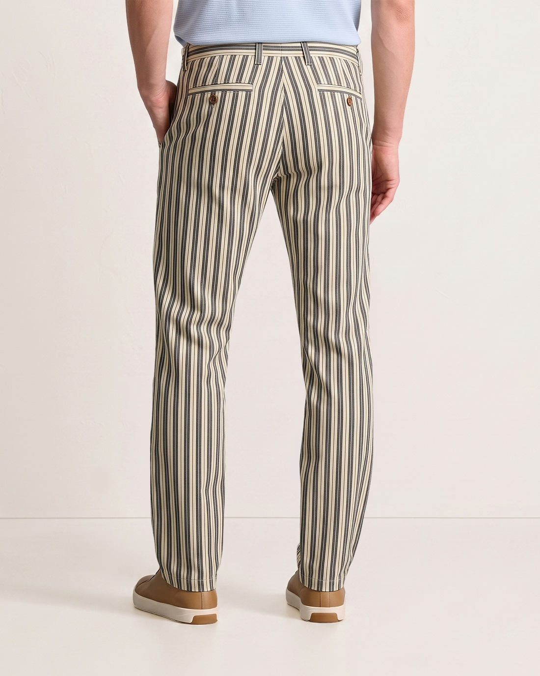 Men's Beige Base Dark Gray Vertical Stripes Classic Straight Fit Retro Preppy Smart Casual Trousers