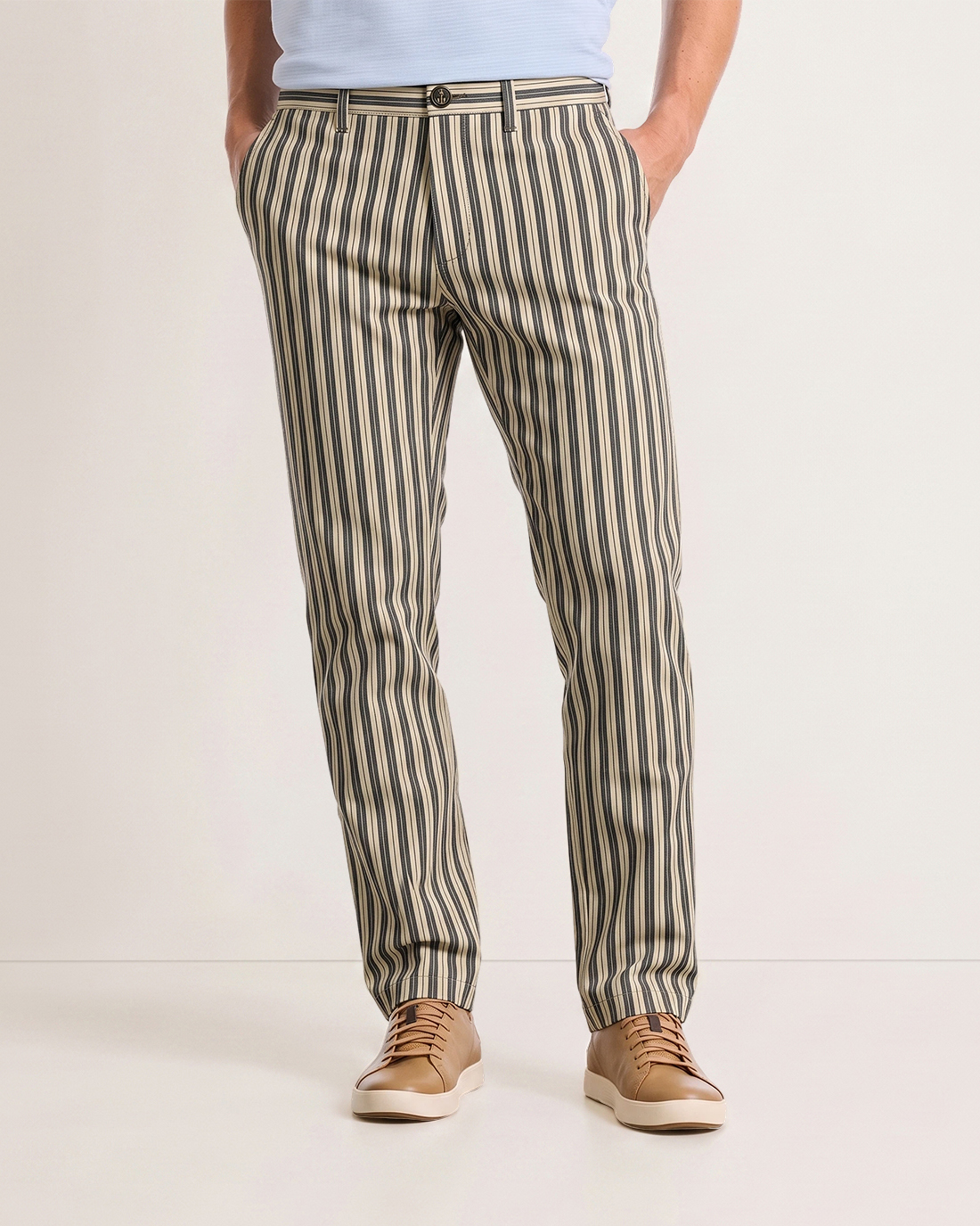 Men's Beige Base Dark Gray Vertical Stripes Classic Straight Fit Retro Preppy Smart Casual Trousers