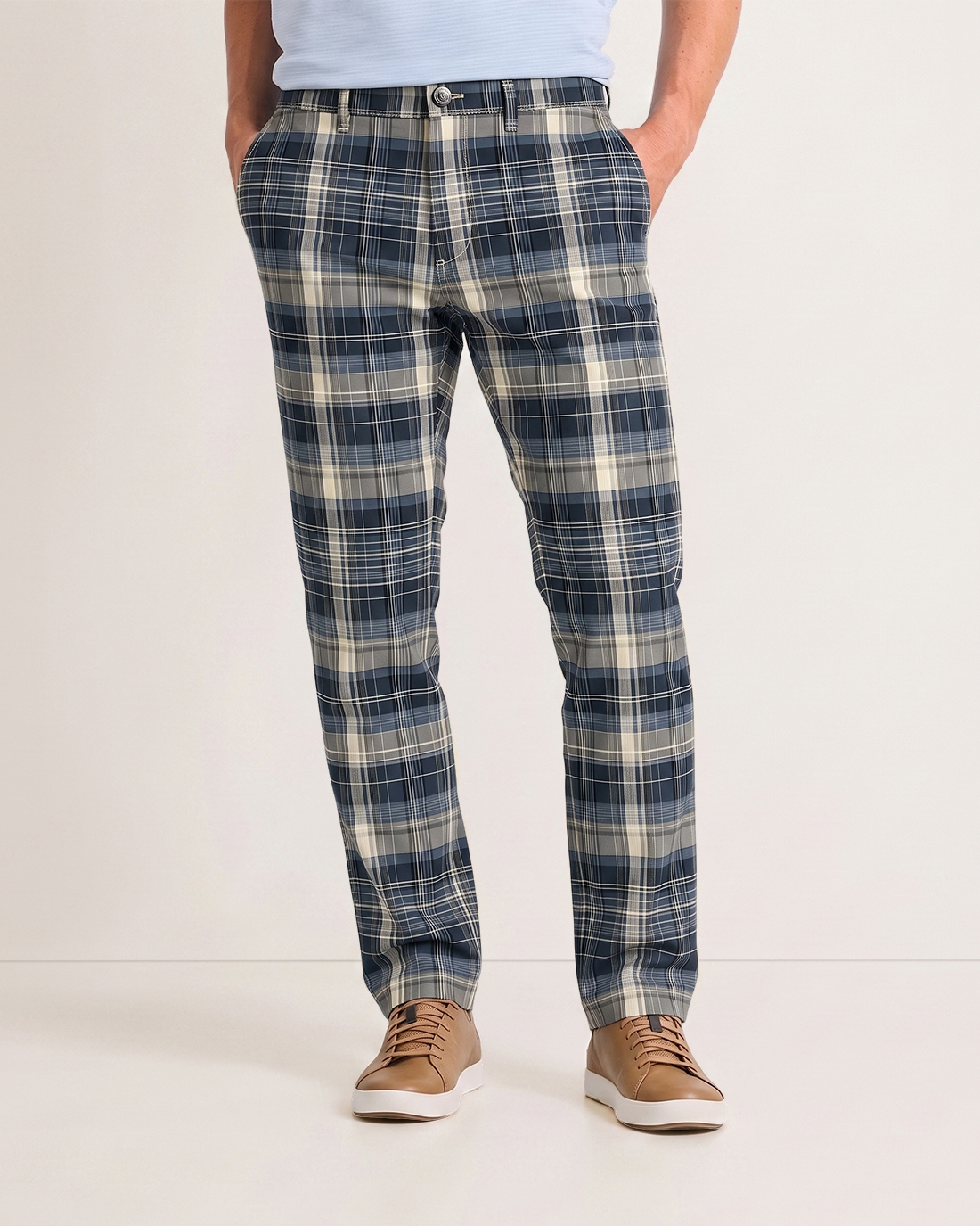 Men's Navy Blue Gray Beige Plaid Classic Straight Fit Preppy Business Casual Trousers