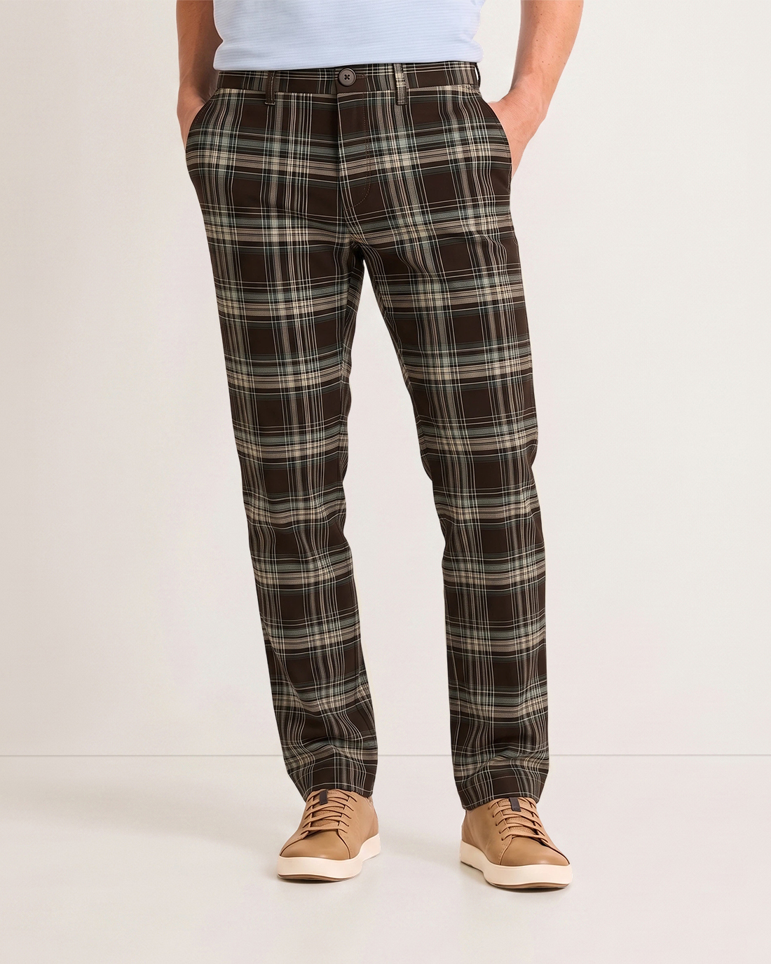 Men's Dark Brown Base Multicolor Plaid Classic Straight Fit Retro Preppy Smart Casual Trousers