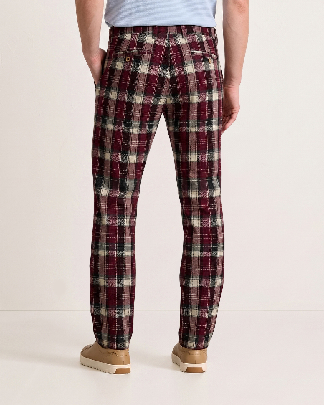 Men's Wine Red Base Beige Black Plaid Classic Straight Fit British Retro Smart Casual Trousers