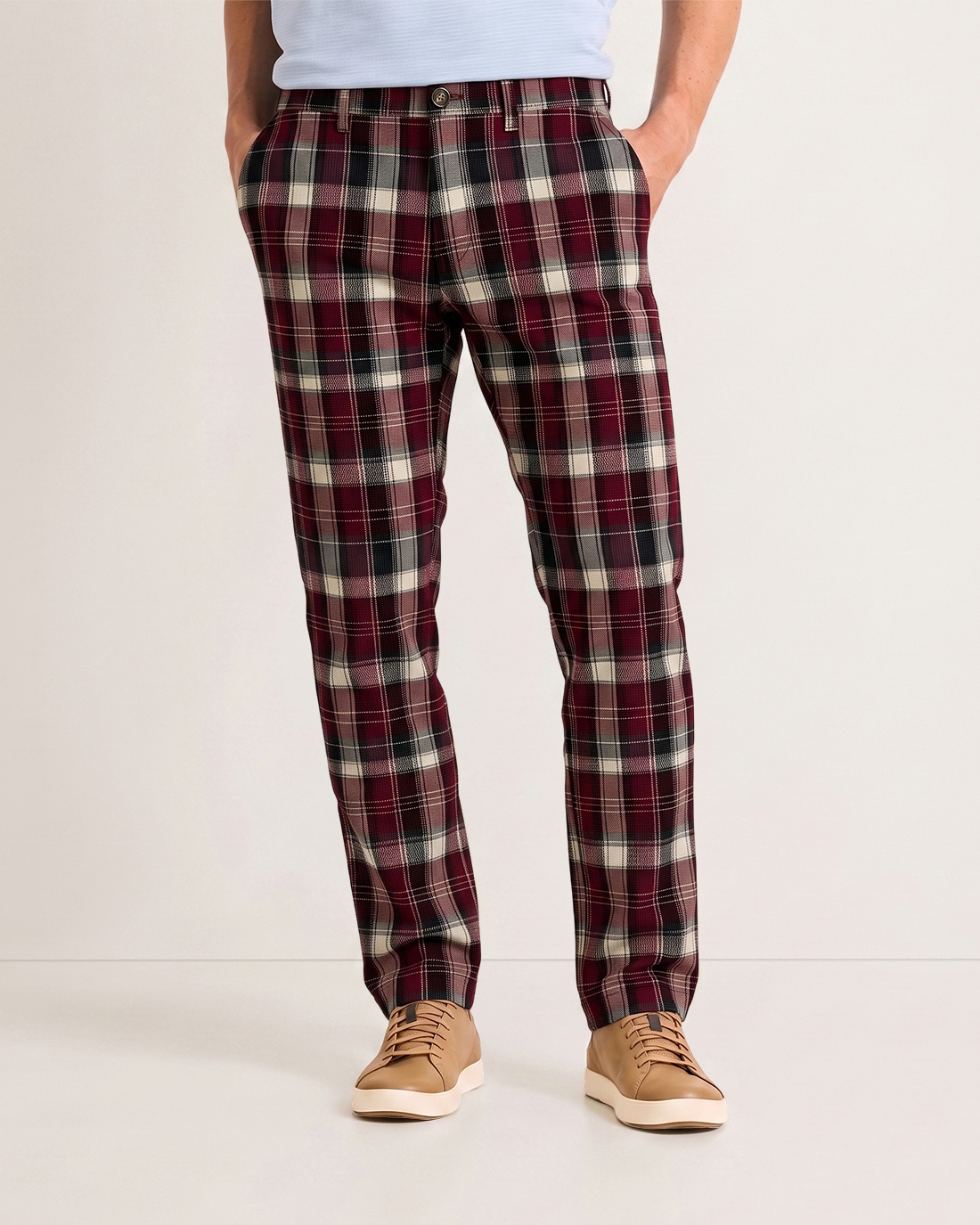 Men's Wine Red Base Beige Black Plaid Classic Straight Fit British Retro Smart Casual Trousers