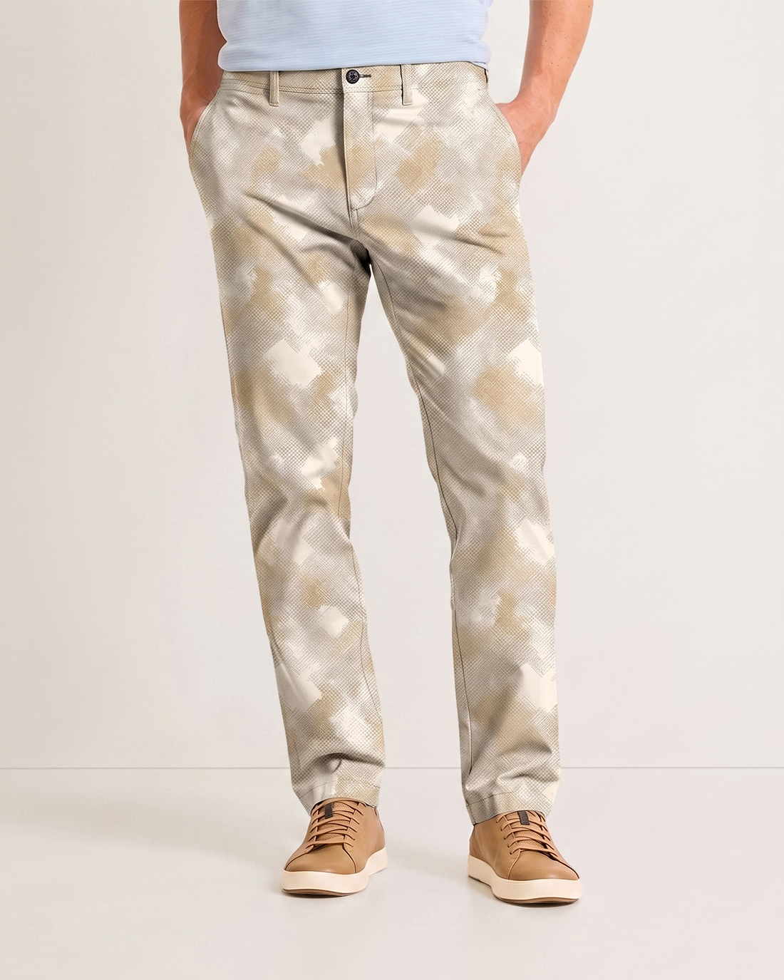 Men's Khaki Beige Base Abstract Camo Slim Straight Fit Minimalist Urban Casual Trousers