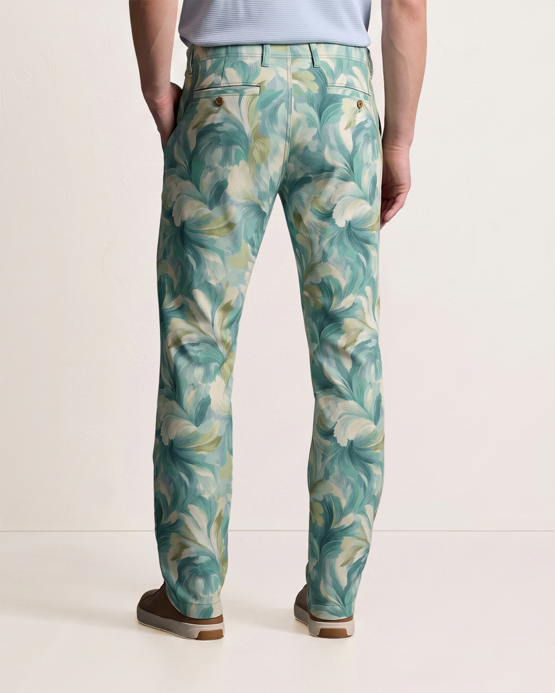 Men's Teal Base Multicolor Tropical Leaf Print Classic Straight Fit Vacation Smart Casual Trousers