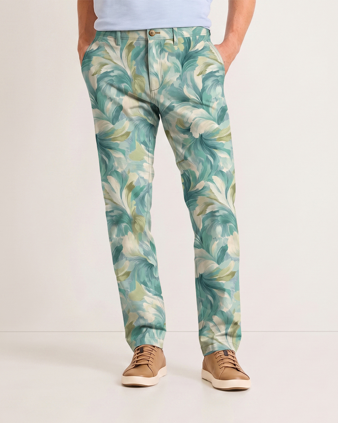 Men's Teal Base Multicolor Tropical Leaf Print Classic Straight Fit Vacation Smart Casual Trousers