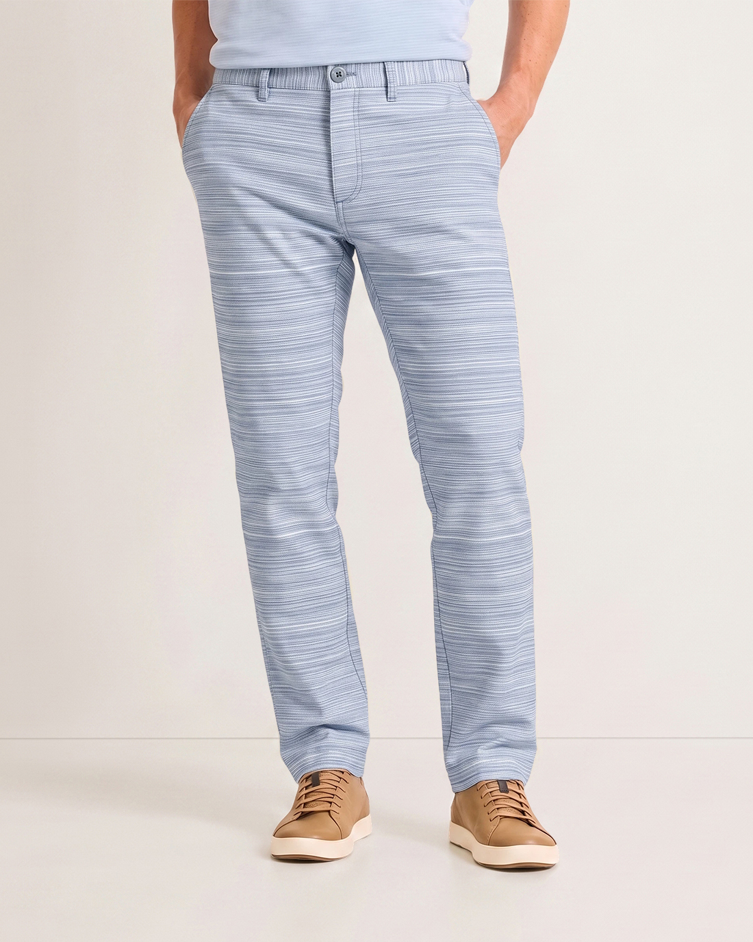 Men's Light Blue Base Heathered Fine Stripes Slim Tapered Fit Fresh Preppy Daily Trousers