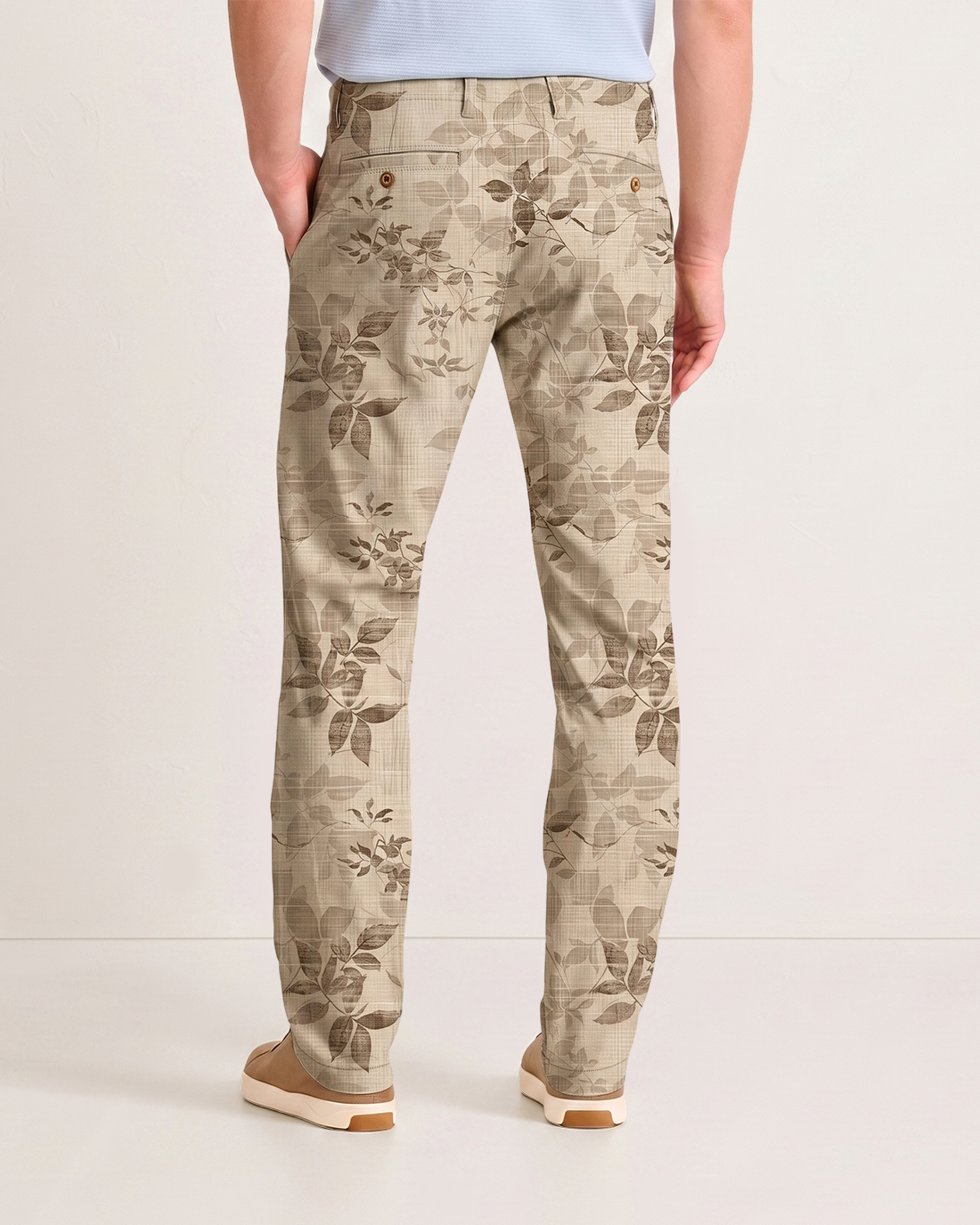 Men's Khaki Base Brown Leaf Print Classic Straight Fit Retro Nature Casual Trousers